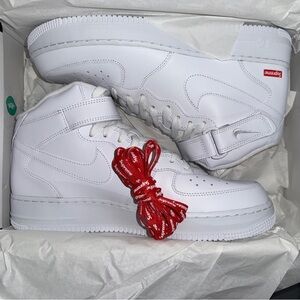 Supreme x Nike White High-Top Sneakers with Red Laces